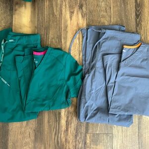 7 scrub tops, 2 bottom/top sets, 3 scrub pants